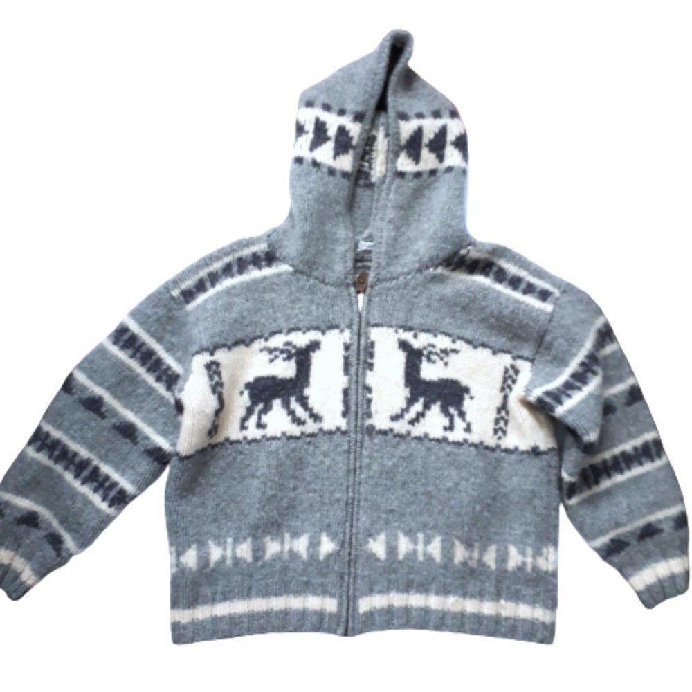 Grey and White 100% Wool Knit Zip Up Hooded Sweater